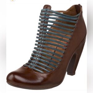 Miz Mooz Brown Leather Heeled Cage Bootie with Teal Straps